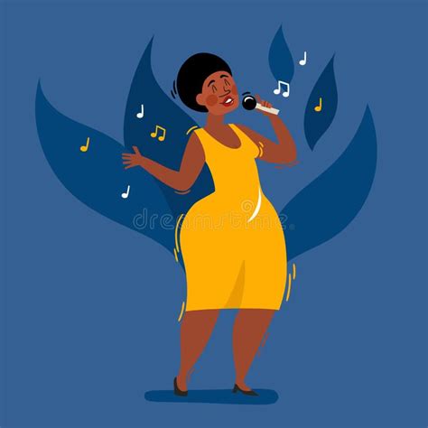 Vector Cartoon Female African Singer With Microphone Isolated On Blue