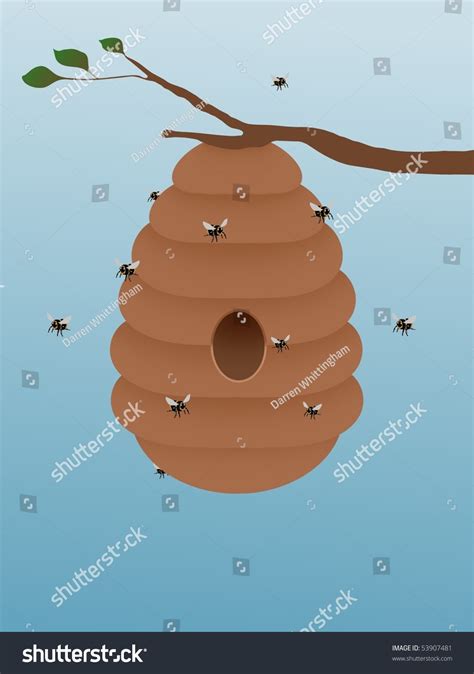 Illustration Of A Beehive Hanging From A Tree Branch With Bees Flying