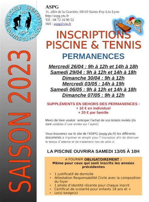 Ouverture Et Permanences Inscriptions Piscine Et Tennis Saison 2023 ASPG