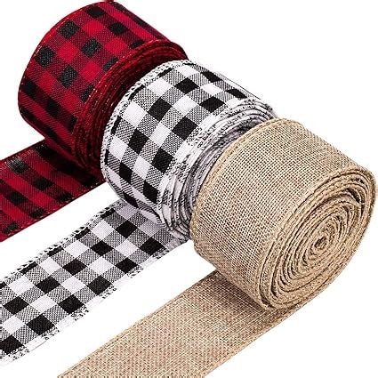 Whaline 3 Rolls Wired Edge Ribbons 30 Yards X 2 Inches Black Red Plaid