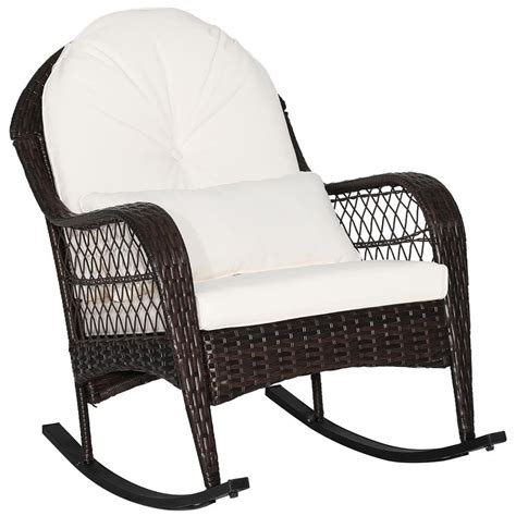 Costway Wicker Outdoor Rocking Chair With Off White Seat Back Cushions