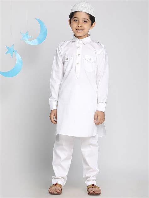 White Cotton Pathani Kurta Pajama Suit Set With Prayer Cap Exotic