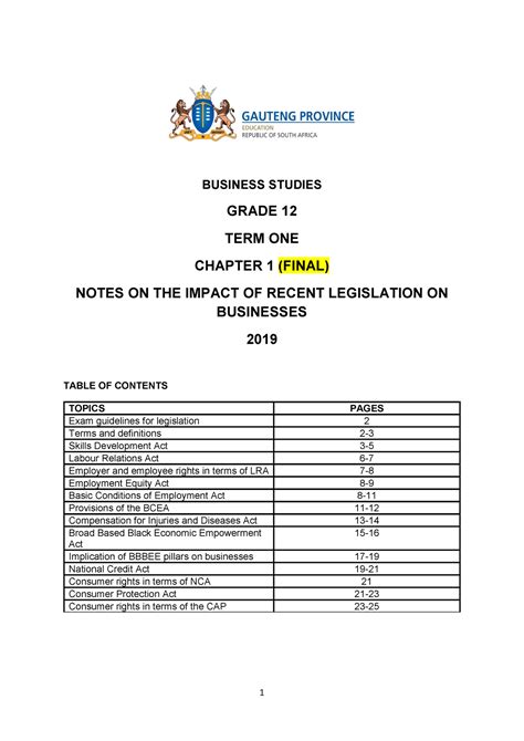 Business Studies Grade 12 Notes On Legislation Final Business Studies