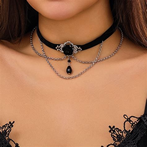 PuRui Punk Black Cotton Rope Choker For Women Link Chain Tassel Crystal