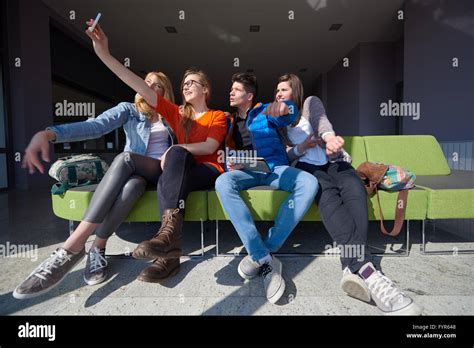 Students Group Taking Selfie Stock Photo Alamy