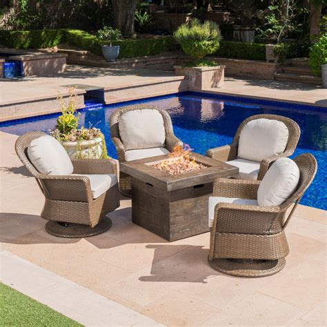 Noble House Colosseum Brown 5-Piece Wicker Patio Fire Pit Set with Ceramic Grey Cushions-21273 ...