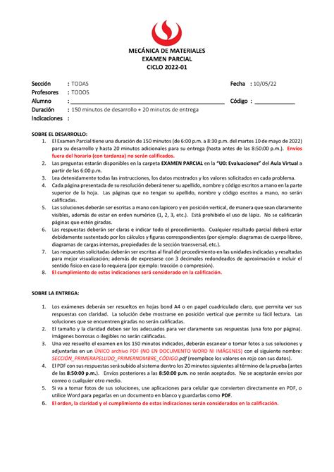 CI168 2022 I EA Examen Parcial MECNICA DE MATERIALES EXAMEN