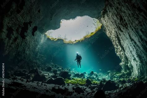 Freshwater Cave Diving Man Exploring A Submerged Cave System Extreme