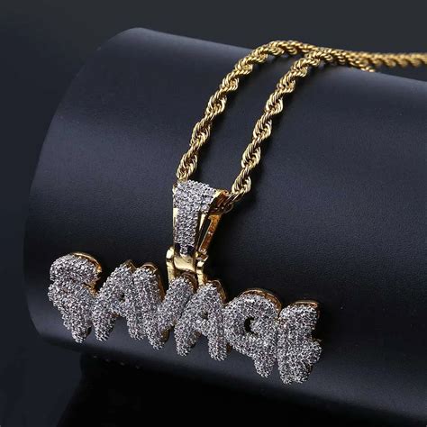 Men S Iced Out Savage Pendant Necklace Gold Color Plated Micro Pave Aaa