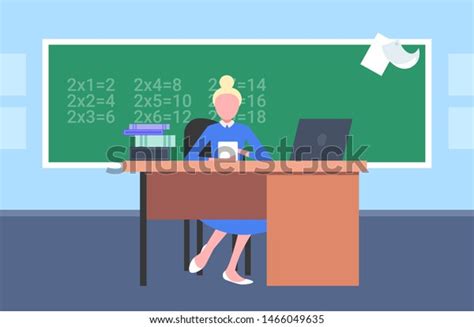 Female Teacher Sitting Desk Front Chalkboard Stock Vector Royalty Free