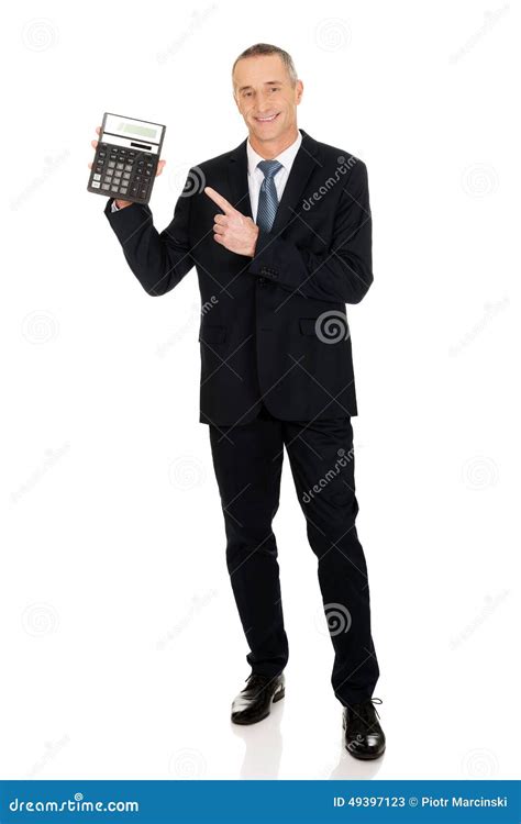 Happy Businessman Pointing On Calculator Stock Image Image Of