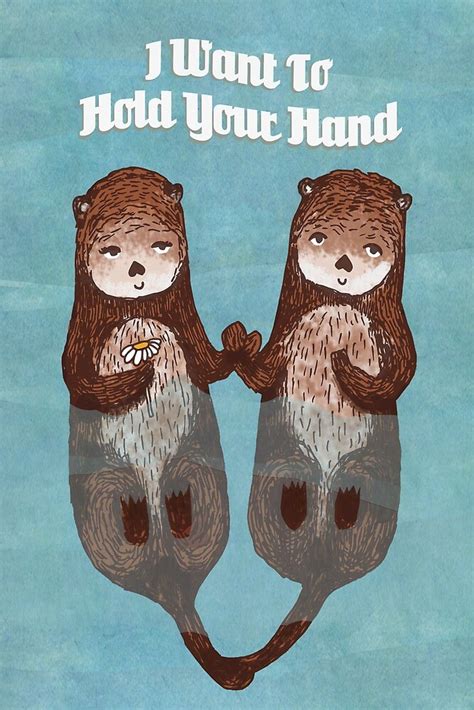 Otters In Love Valentines I Want To Hold Your Hand Cute Illustration