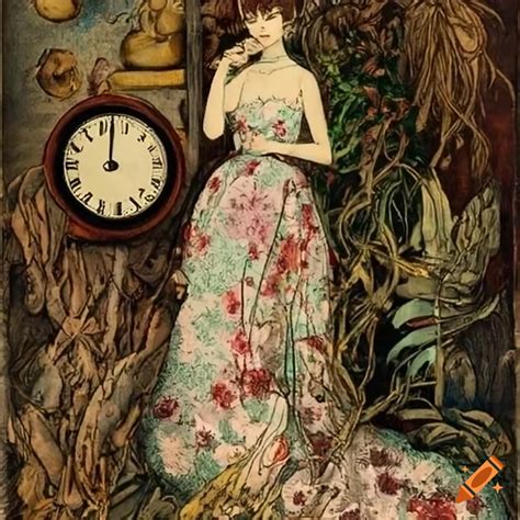 Impressionist Painting Of A Woman In A Floral Dress Among Clocks And