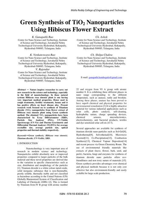 Pdf Green Synthesis Of Tio 2 Nanoparticles Using Hibiscus Flower Extract