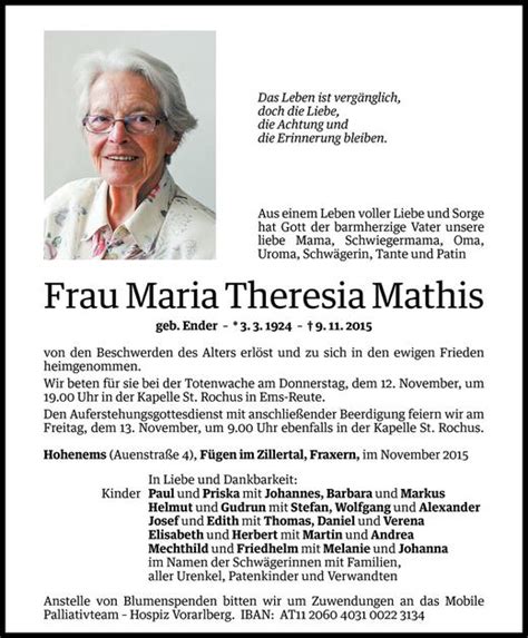 Todesanzeigen Von Maria Theresia Mathis Todesanzeigen Vorarlberger