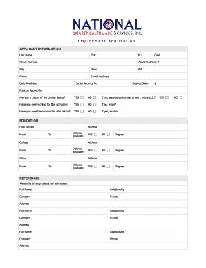 Fillable Online Nationalss NSH Employment Application Form Fillable