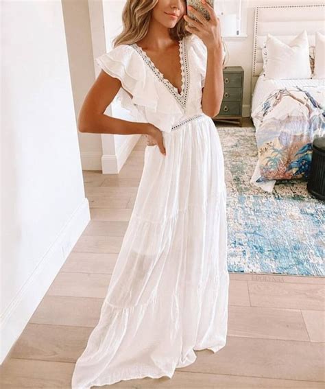 White A Line Maxi Dress Long Bohemian Style For Summer Ruffled Etsy