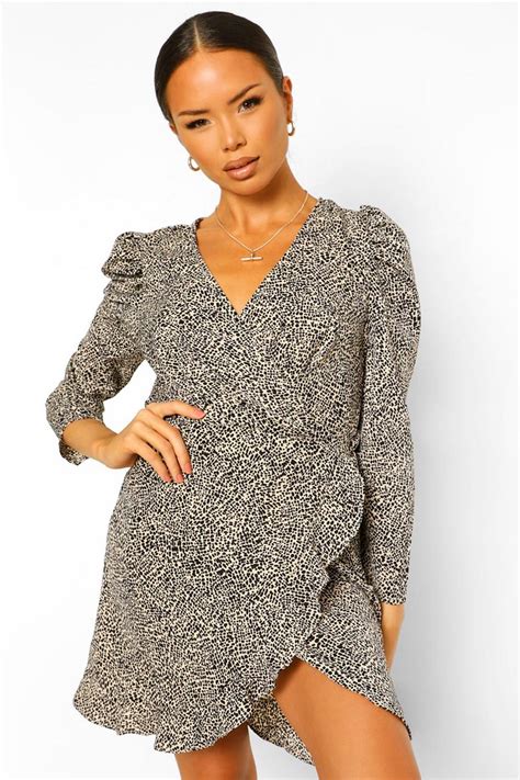 Printed Puff Sleeve Wrap Tea Dress Boohoo