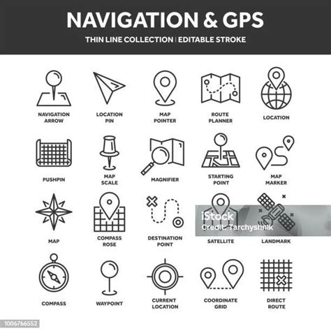 Map And Navigation Gps Coordinates Location Icons Line Art Stock