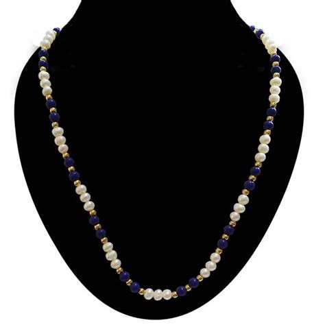 Single Line Real Freshwater Pearl Blue Beads Gold Plated Beads Necklace