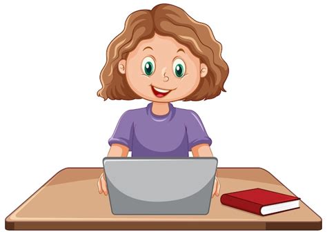 Premium Vector A Girl Using Laptop Cartoon