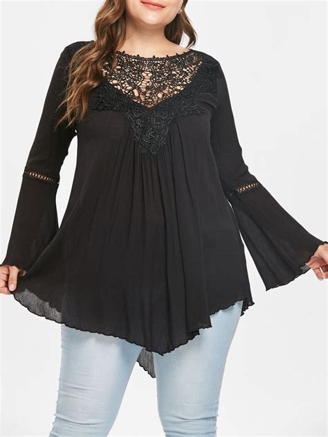 Plus Size Lace Panel Bell Sleeves Blouse