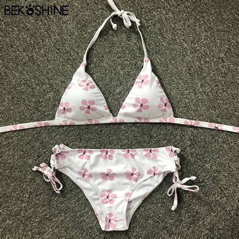 Bekoshine Solid Bikini Set Print Swimwear Pink Biquini Bathing Suit