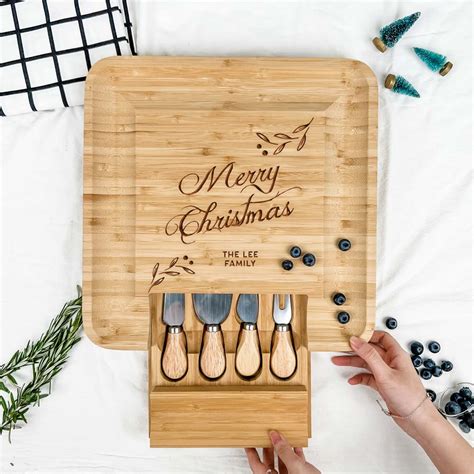 Custom Subtext Engraved Wooden Square Cheese Board Merry Christmas