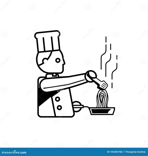 Chef Cooking Spaghetti Outline Vector Illustration Stock Vector