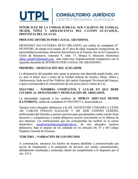 Demanda De Divorcio Por Causal De Bandono SeÑor Juez De La Unidad