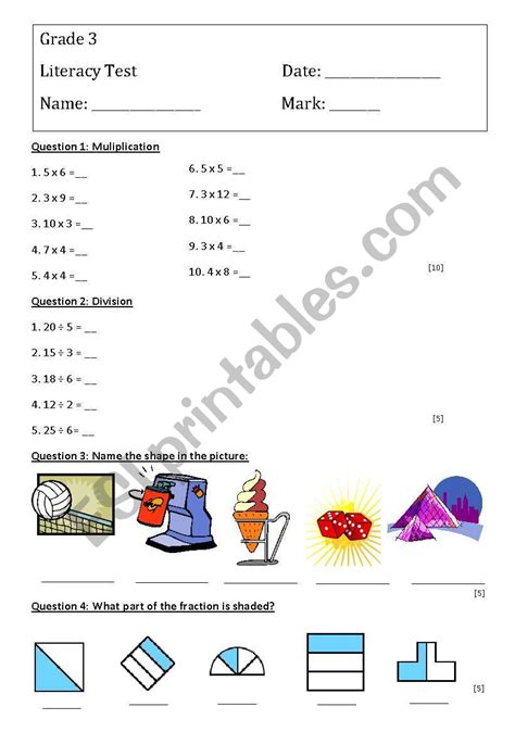 English Worksheets Grade 3 Maths Test