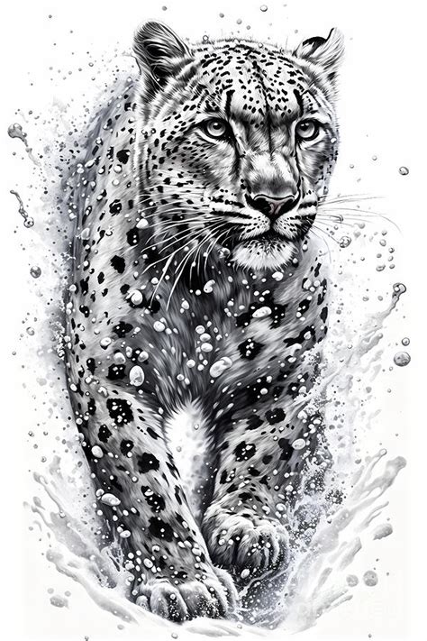 Snow Leopard Ink Drawing In Splash Of Inked Black And White Animal