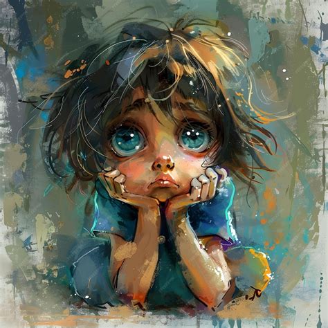 illustration   sad anime girl  big blue eyes  brown hair