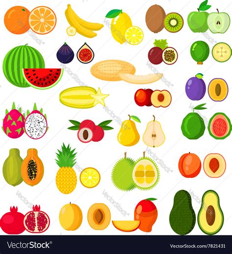 Flat Whole And Halves Of Fruits Royalty Free Vector Image