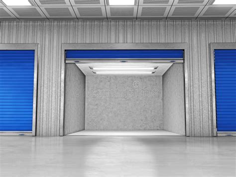 Self Storage Units With One Open Empty Room 3d Illustration Stock