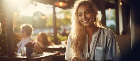 Premium AI Image Blonde Latin Woman At Sunset Enjoying Snacks Served Outdoors
