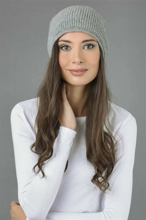 Pure Cashmere Ribbed Knitted Slouchy Beanie Hat In Light Grey Italy