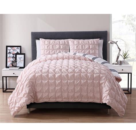 3 Piece Blush Pink Pinch Pleated Square Pattern Duvet Cover Full Queen Set Elegance High End