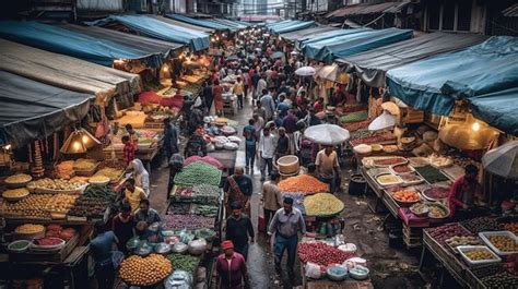 Un Mercado Con Mucha Gente Y Frutas Foto Premium