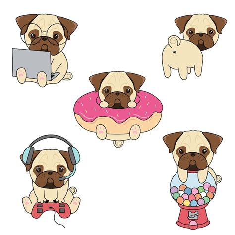 Lindo Kawaii Pug Perro Caricatura Car Cter Clipart Vector Premium