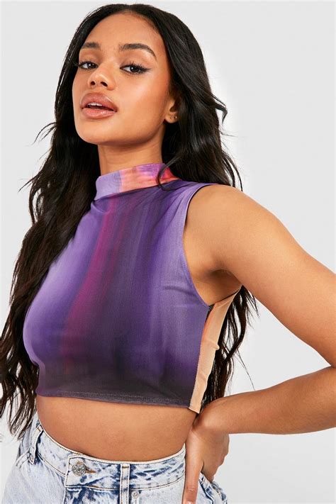 Ombre Mesh High Neck Crop Top Boohoo Uk