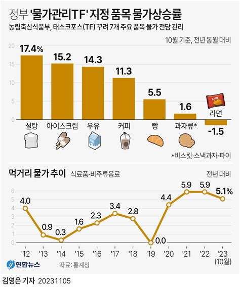 그래픽 정부 물가관리tf 지정 품목 물가상승률 연합뉴스