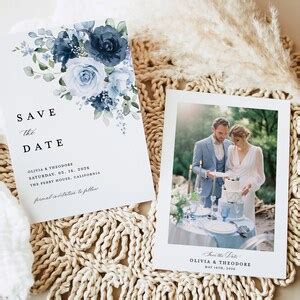 Dusty Blue Navy Save The Date Cards Template Photo Floral Steel Light