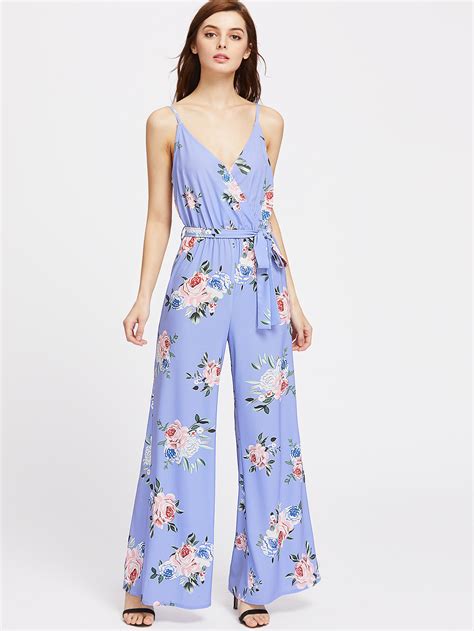 Rose Print Surplice Belted Wide Leg Cami Jumpsuit Shein Sheinside