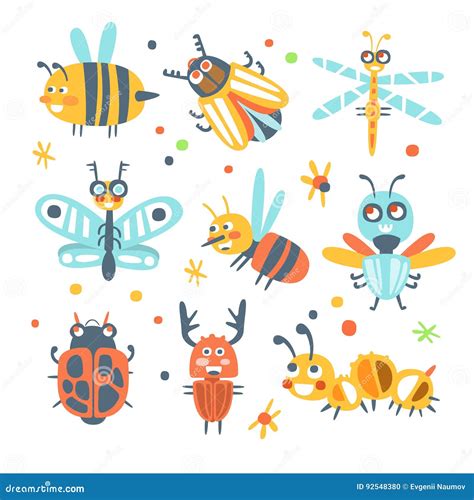 Cute Cartoon Bugs Set Funny Insects Colorful Cartoon Characters Stock