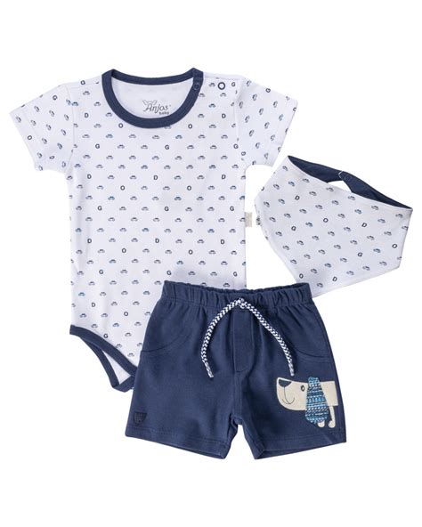 Conjunto Body Bebe Menino Babador Short Short Suedine 100 Algodão