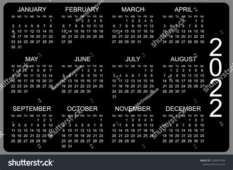 Calendar 2022 Yearly Week Starts On 库存矢量图（免版税）1928997344 Shutterstock