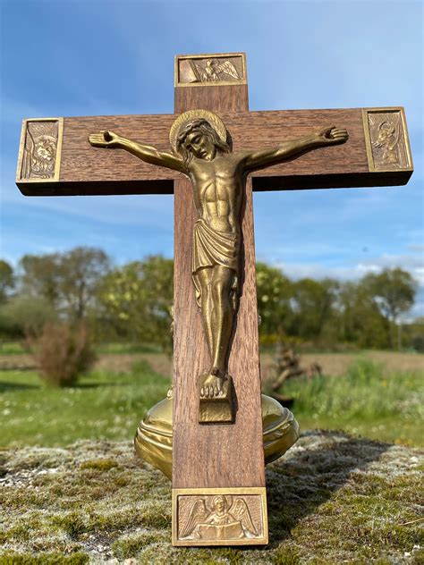 French Bronze Crucifix Jesus Christ Cross Art Deco Signed 1930s Mahogany Wood And Solid Cast