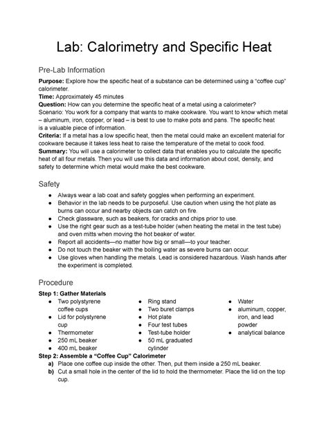 Copy Of Lab Calorimetry And Specific Heat Lab Calorimetry And