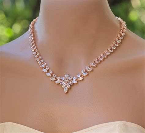 Rose Gold Necklace Rose Gold Bridal Necklace Crystal Wedding Etsy